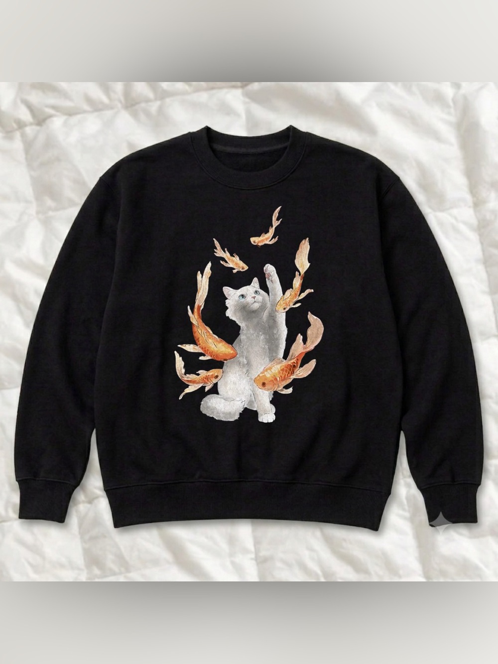 Black Funny Cat & Fish Graphic Sweatshirt - Unbranded Vintage for Unisex